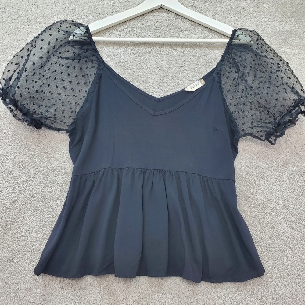Altar'd State Peplum Top Womens Large Black Swiss‎ Dot Puff Sleeve Feminine Y2K